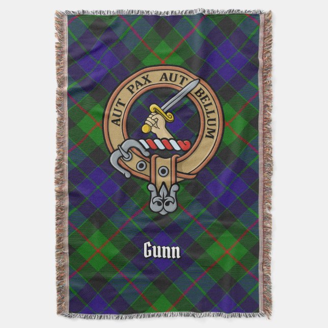 Clan Gunn Crest over Tartan Throw Blanket (Front Vertical)