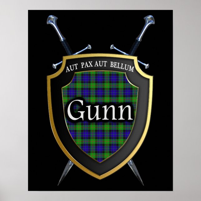 Clan Gunn Tartan Scottish Shield & Swords Poster (Front)