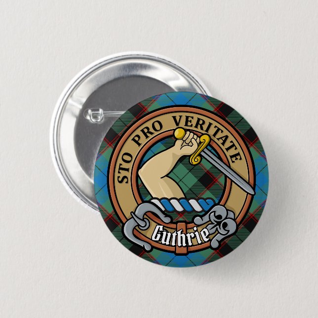 Clan Guthrie Crest over Tartan 6 Cm Round Badge (Front & Back)
