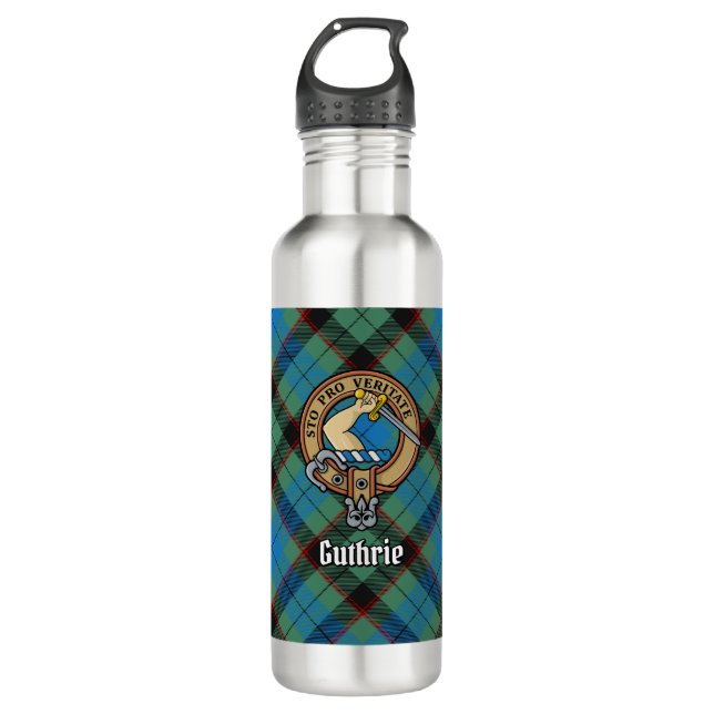 Clan Guthrie Crest over Tartan 710 Ml Water Bottle (Front)