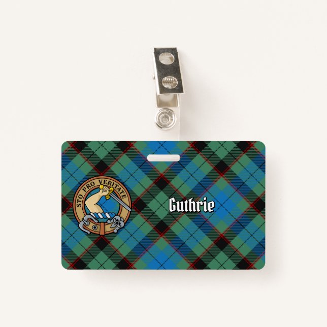 Clan Guthrie Crest over Tartan ID Badge (Front with Clip)