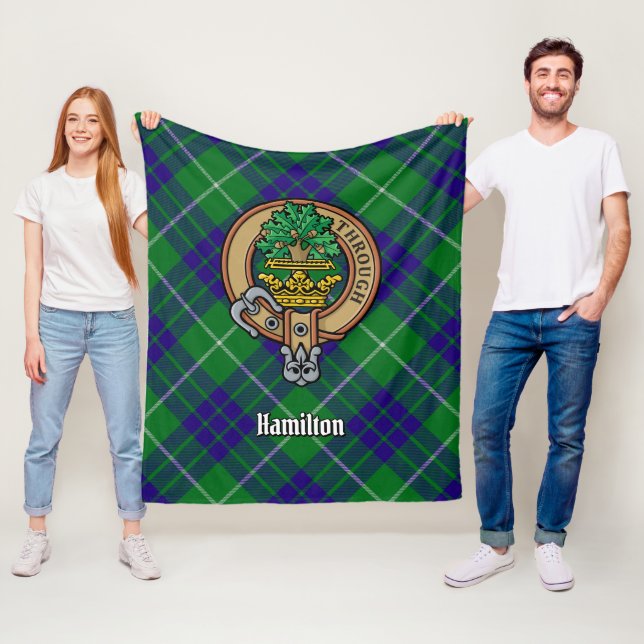 Clan Hamilton Crest over Hunting Tartan Fleece Blanket (In Situ)
