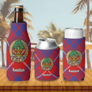 Clan Hamilton Crest over Red Tartan Bottle Cooler