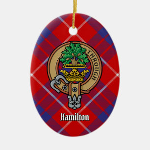 Clan Hamilton Crest over Red Tartan Ceramic Ornament