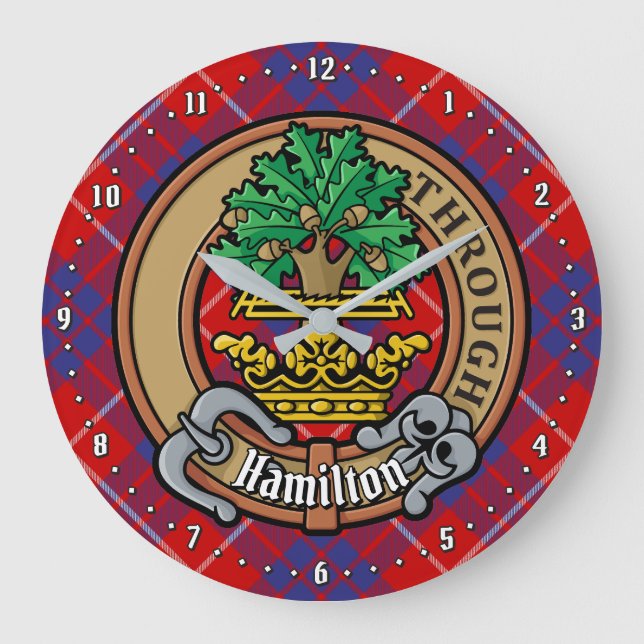 Clan Hamilton Crest over Red Tartan Large Clock (Front)