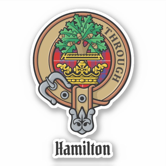 Clan Hamilton Crest over Red Tartan Sticker (Front)