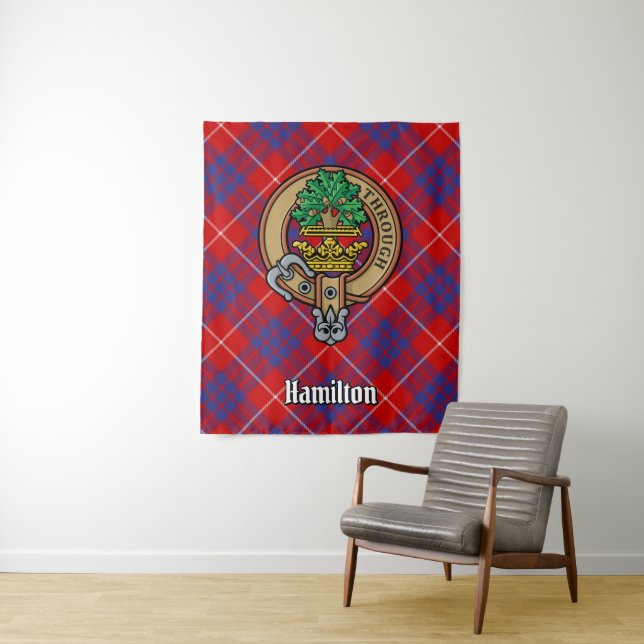 Clan Hamilton Crest over Red Tartan Tapestry (In Situ)