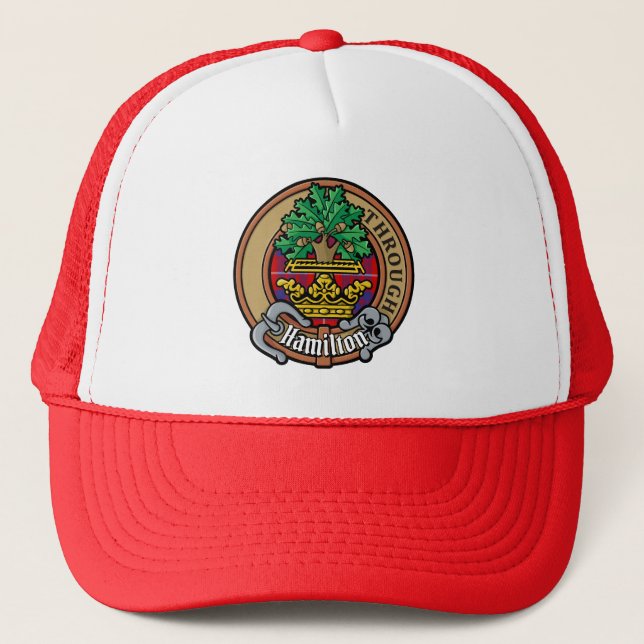 Clan Hamilton Crest over Red Tartan Trucker Hat (Front)