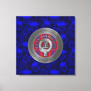 Clan Hamilton Crest & Tartan Knot on Thistle Canvas Print