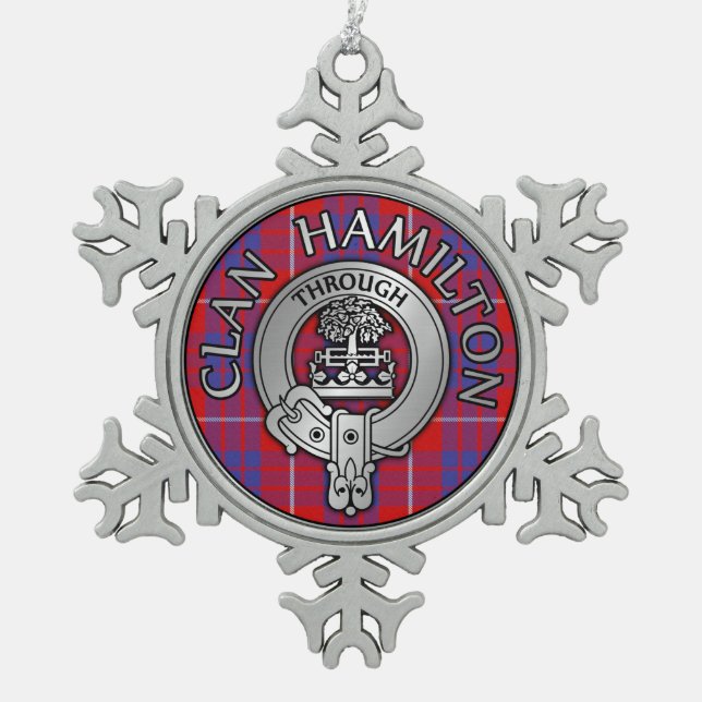 Clan Hamilton Crest & Tartan Snowflake Pewter Christmas Ornament (Front)
