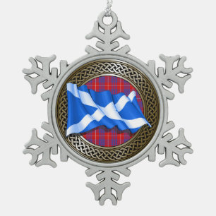 Clan Hamilton Tartan Knot & Flag Snowflake Pewter Christmas Ornament