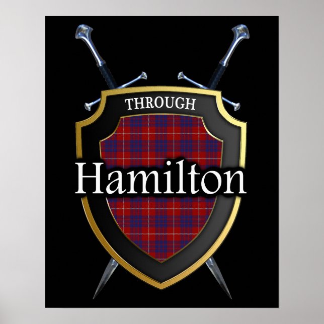 Clan Hamilton Tartan Scottish Shield & Swords Poster (Front)