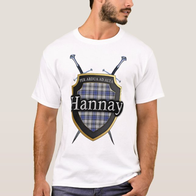 Clan Hannay Tartan Plaid Scottish Shield & Swords T-Shirt (Front)