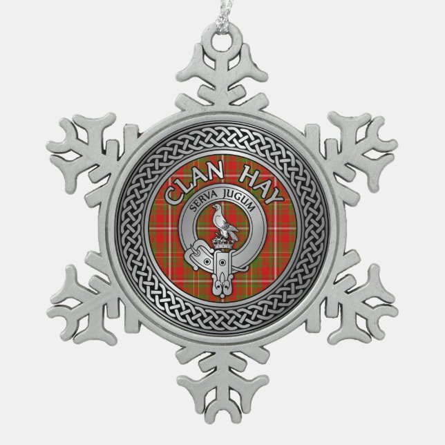 Clan Hay Crest & Tartan Snowflake Pewter Christmas Ornament (Front)