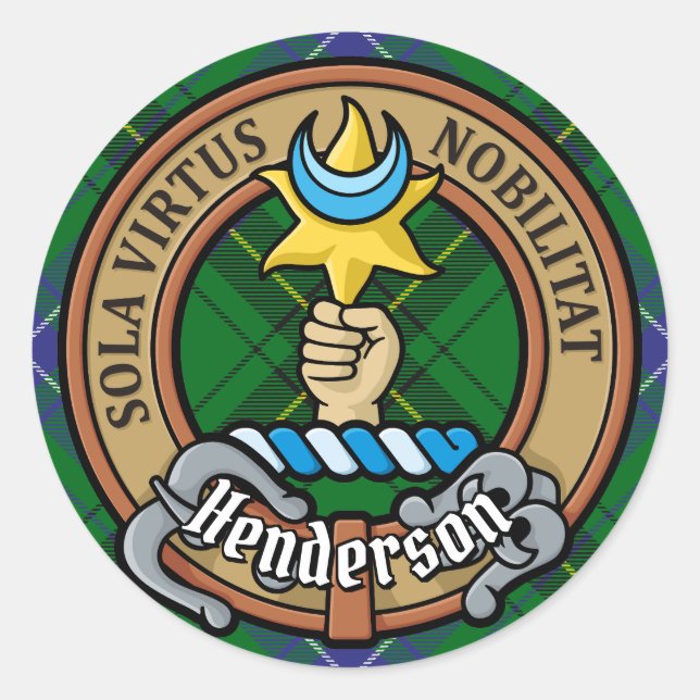 Clan Henderson Crest over Tartan Classic Round Sticker (Front)