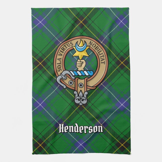 Clan Henderson Crest over Tartan Tea Towel (Vertical)