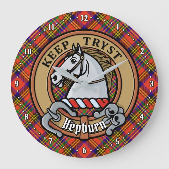Clan Hepburn Crest over Tartan Large Clock (Front)