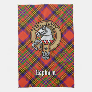 Clan Hepburn Crest over Tartan Tea Towel