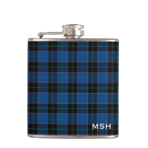 Clan Hume Tartan Blue and Black Plaid Monogram Hip Flask