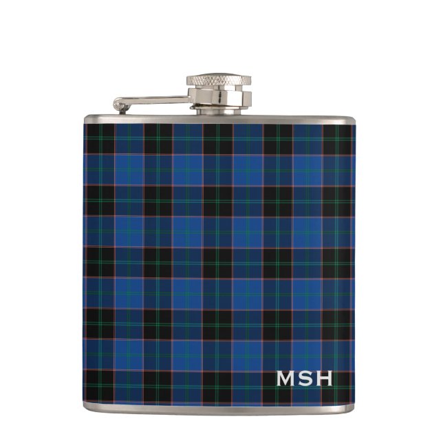 Clan Hume Tartan Blue and Black Plaid Monogram Hip Flask (Front)