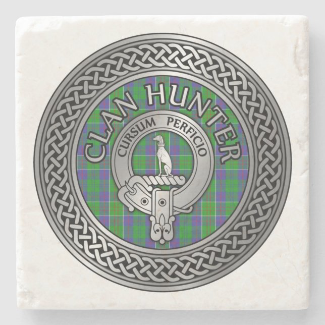 Clan Hunter Crest & Tartan Knot Stone Coaster (Front)