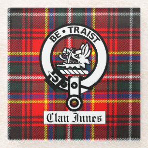 Clan Innes Crest Badge and Tartan Glass Coaster