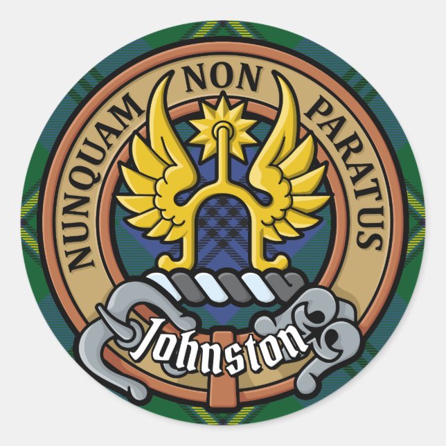 Clan Johnston Crest over Tartan Classic Round Sticker (Front)