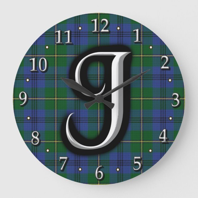 Clan Johnstone Johnston Letter J Monogram Tartan Large Clock (Front)