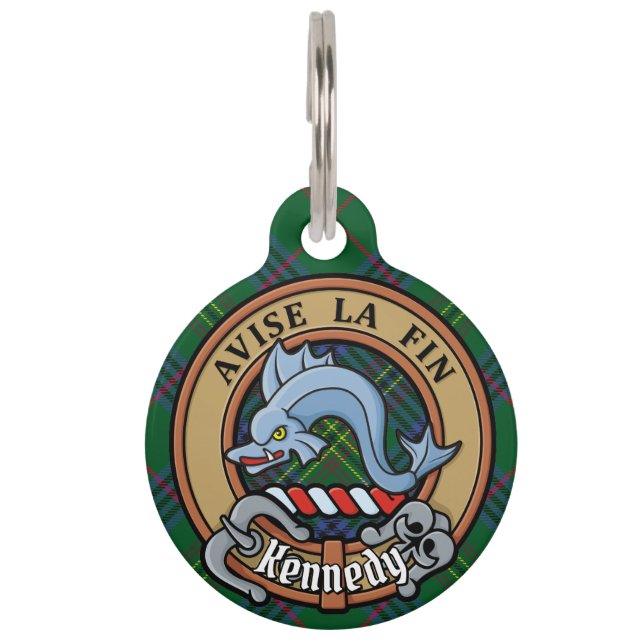 Clan Kennedy Crest over Tartan Pet Tag (Front)