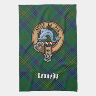 Clan Kennedy Crest over Tartan Tea Towel