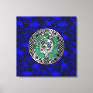Clan Kennedy Crest & Tartan Knot on Thistle Canvas Print