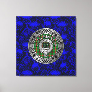 Clan Kinnear Crest & Tartan Knot on Thistle Canvas Print
