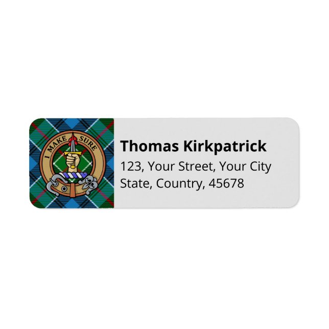 Clan Kirkpatrick Crest over Tartan Return Address Label (Front)