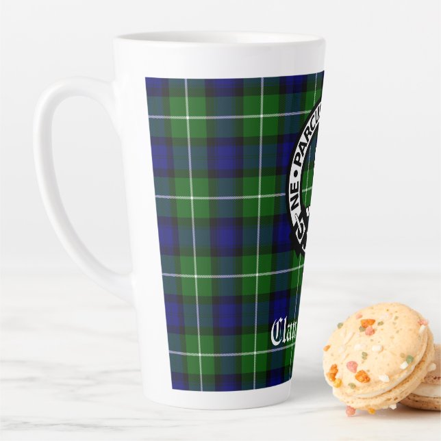 Clan Lamont Crest Badge and Tartan Latte Mug (In Situ)