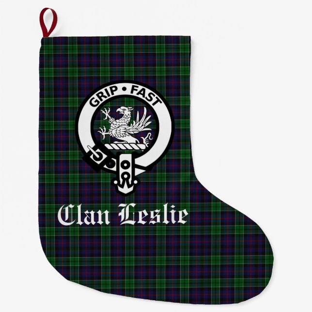 Clan Leslie Crest Badge and Tartan Customisable Large Christmas Stocking (Front)