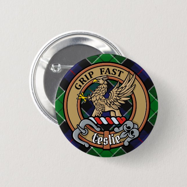 Clan Leslie Crest over Hunting Tartan 6 Cm Round Badge (Front & Back)