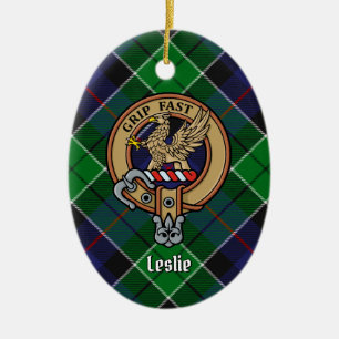 Clan Leslie Crest over Hunting Tartan Ceramic Ornament