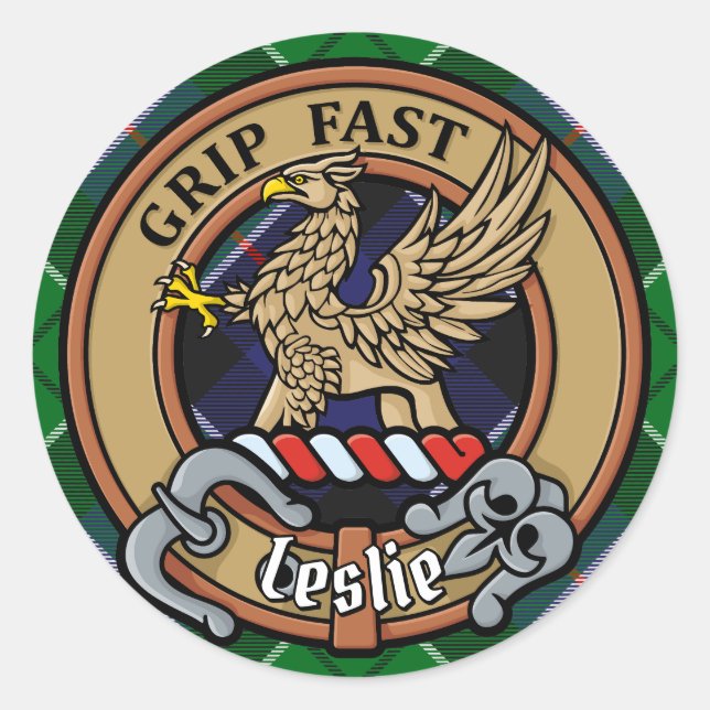 Clan Leslie Crest over Hunting Tartan Classic Round Sticker (Front)