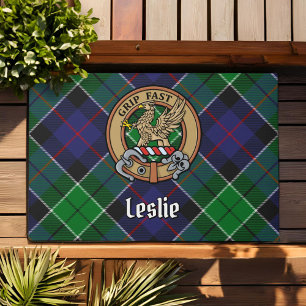 Clan Leslie Crest over Hunting Tartan Doormat