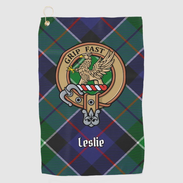 Clan Leslie Crest over Hunting Tartan Golf Towel (Front)
