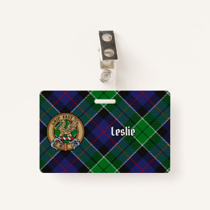 Clan Leslie Crest over Hunting Tartan ID Badge