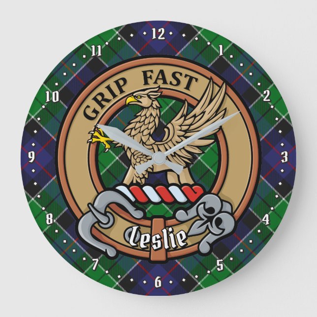 Clan Leslie Crest over Hunting Tartan Large Clock (Front)
