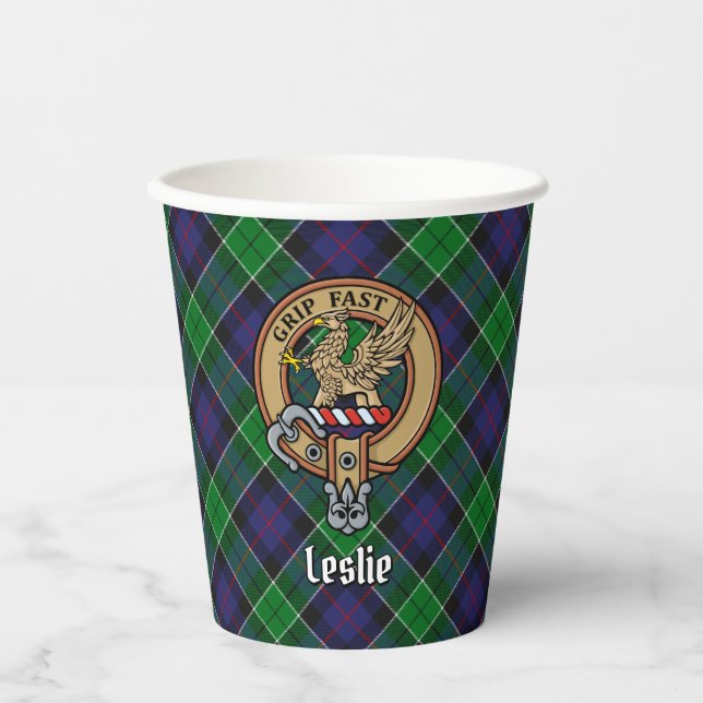 Clan Leslie Crest over Hunting Tartan Paper Cups (Front)