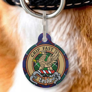 Clan Leslie Crest over Hunting Tartan Pet Tag