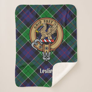 Clan Leslie Crest over Hunting Tartan Sherpa Blanket