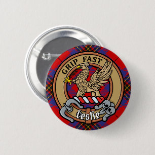 Clan Leslie Crest over Red Tartan 6 Cm Round Badge