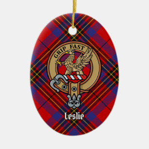 Clan Leslie Crest over Red Tartan Ceramic Ornament