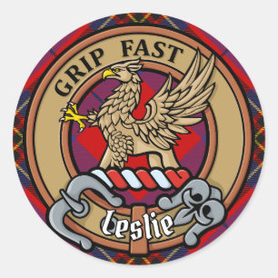 Clan Leslie Crest over Red Tartan Classic Round Sticker