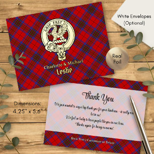 Clan Leslie Crest over Red Tartan Foil Invitation Postcard