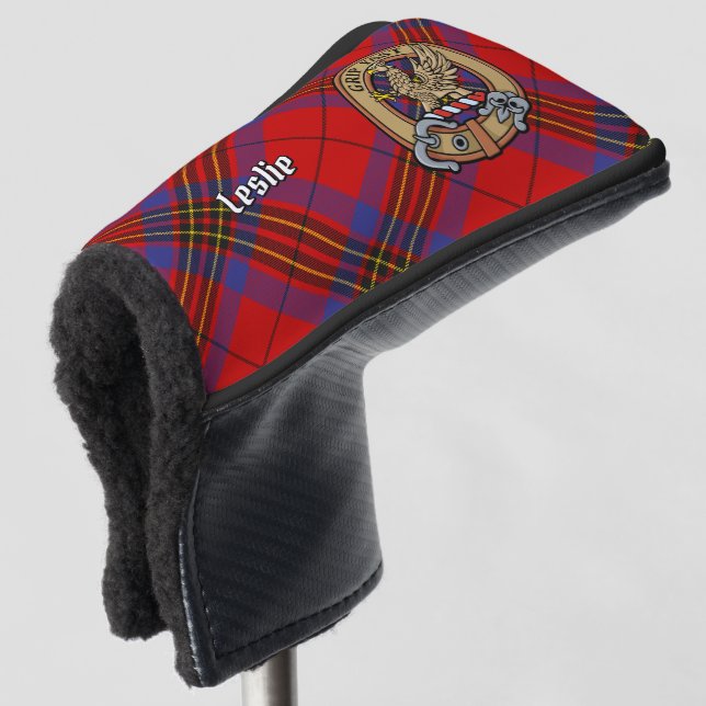 Clan Leslie Crest over Red Tartan Golf Head Cover (3/4 Front)